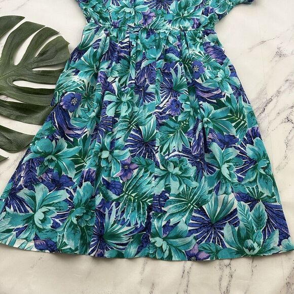 Luci Fellini Womens Vintage 80s Shirt Dress Size M Blue Green Tropical Pockets - Picture 11 of 11